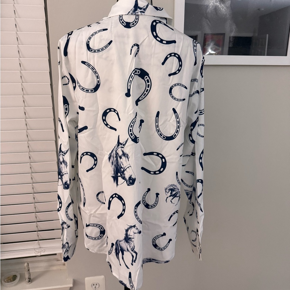 White and Blue Horseshoe Print Women’s Shirt - Picture 3 of 7